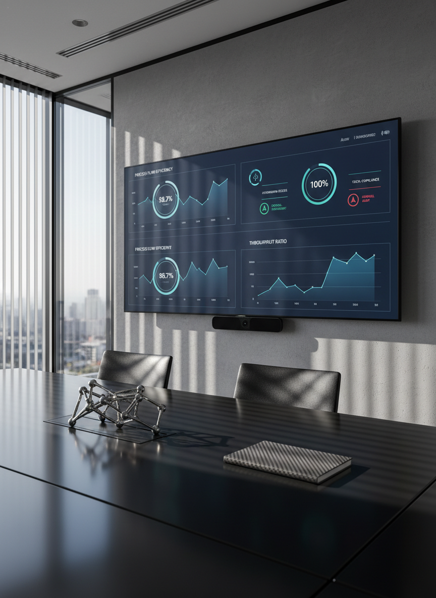 A large, wall-mounted ultra-wide display in a modern, glass-partitioned meeting room, showing an analytics dashboard of automated business processes: crisp line charts, efficiency percentages, and status indicators in a cool palette of blues, grays, and white. Below the screen, a minimalist black conference table holds only a single closed carbon-fiber-textured notebook and a stylized metallic logo sculpture representing interconnected nodes. Natural afternoon light filters through blinds, creating linear shadows across the table. Captured in photographic realism from one corner of the room using a wide-angle lens, the composition emphasizes openness, clarity, and strategic oversight, reinforcing the idea of calm control over complex automation systems.