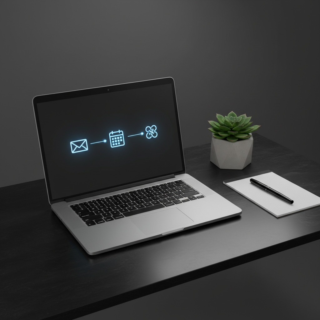 A polished dark stone desk surface holding a slim, modern laptop displaying a clean automation flow diagram of interconnected icons representing email, calendar, and CRM systems, all linked by glowing blue lines. Beside the laptop lies a black metal pen aligned perfectly with a minimalist notepad, and a small geometric concrete planter with a hardy green succulent. Soft overhead studio lighting casts gentle, controlled shadows and subtle highlights along the laptop’s bevelled edges. Shot from a slightly elevated angle in photographic realism, the background fades into a smooth, dark gradient, creating a focused, professional mood that conveys precision, clarity, and streamlined small-business operations.